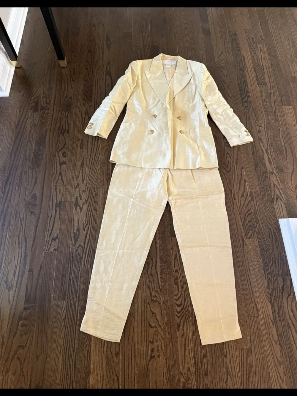 Escada By Margaretha Ley Gold Linen Vintag Double-Breasted Blazer & Trousers Set